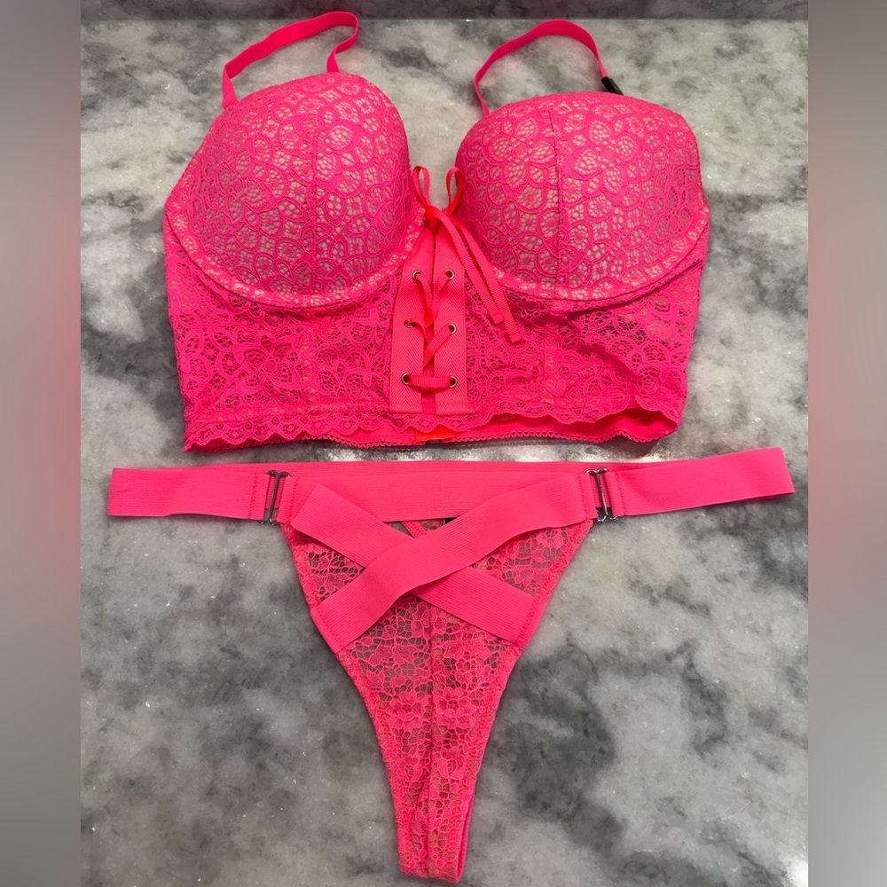 Victoria’s Secret Lace Bustier Corset Set 36D Hot Pink Lace Feminine Size L